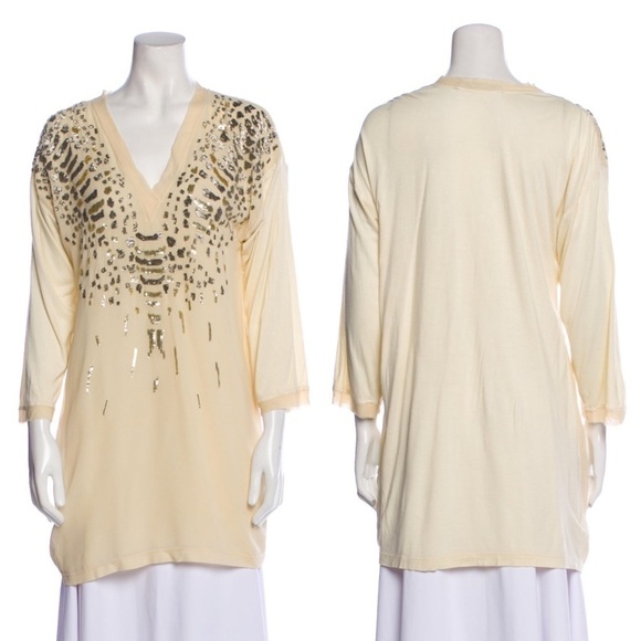 ROBERTO CAVALLI BEADED AND SEQUIN EMBELLISHED SILK V-NECK TUNIC TOP - Picture 1 of 16